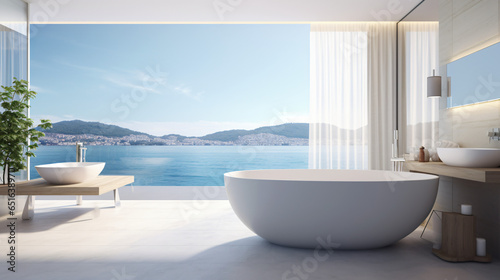 Bathroom with sea view and white bathtub