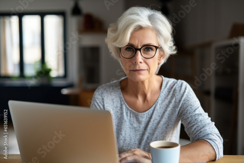 Adult senior 60s woman working at home at laptop. middle aged woman at table holding document calculating bank loan payments, taxes, fees, and retirement finances. Copy space. Website images