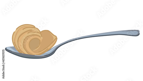 Steel spoon with butter curl on white background. Vector flat style. Dairy healthy fat, margarine, ghee per tablespoon for keto diet. Cartoon style.