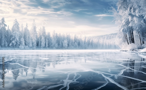 Snowy landscape with cracked ice on frozen lake and pine hills. AI generated.