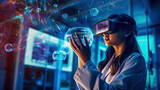 A scientist female wearing a VR headset and interacting with virtual reality in the science lab, Interacting with virtual reality, Science chemistry technology..Generative Ai