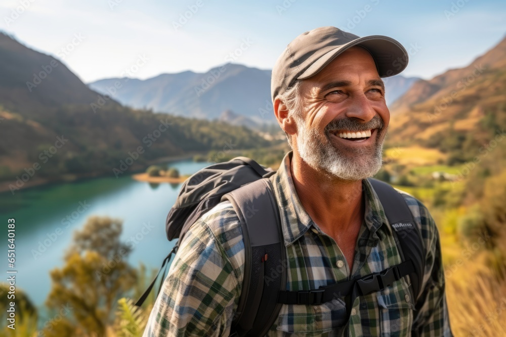 A carefree man wearing outdoor clothing smiles brightly as he takes in the stunning view of the mountain and sky while hiking with his backpack near a tranquil lake and river