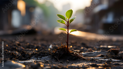 Plants emerge though asphalt, symbol for bright hope of life and success. © A2Z AI 