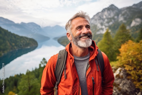Amidst the rugged beauty of nature, a man in an orange jacket stands by the tranquil river, a smile on his face as he takes in the vast expanse of sky, water, and mountains surrounding him