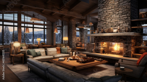 Ski Resort Getaway A room inspired by ski resort lodges, featuring a stone fireplace, wooden accents, and cozy seating for après-ski relaxation