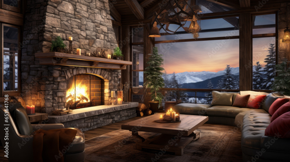 Fototapeta premium Ski Resort Getaway A room inspired by ski resort lodges, featuring a stone fireplace, wooden accents, and cozy seating for après-ski relaxation