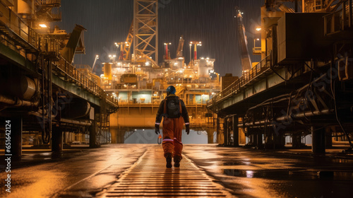 Back of Offshore oil rig worker walks to an oil and gas facility to work in the process area. Generative Ai photo