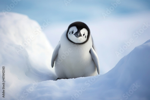 Baby Emperor Penguin sitting on ice alone © Clickmanis