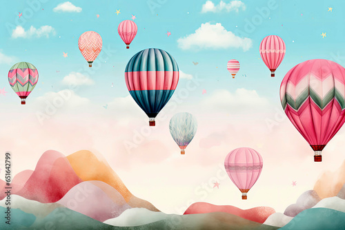 Generative AI background illustration of colorful aerostatic backgrounds with blue sky