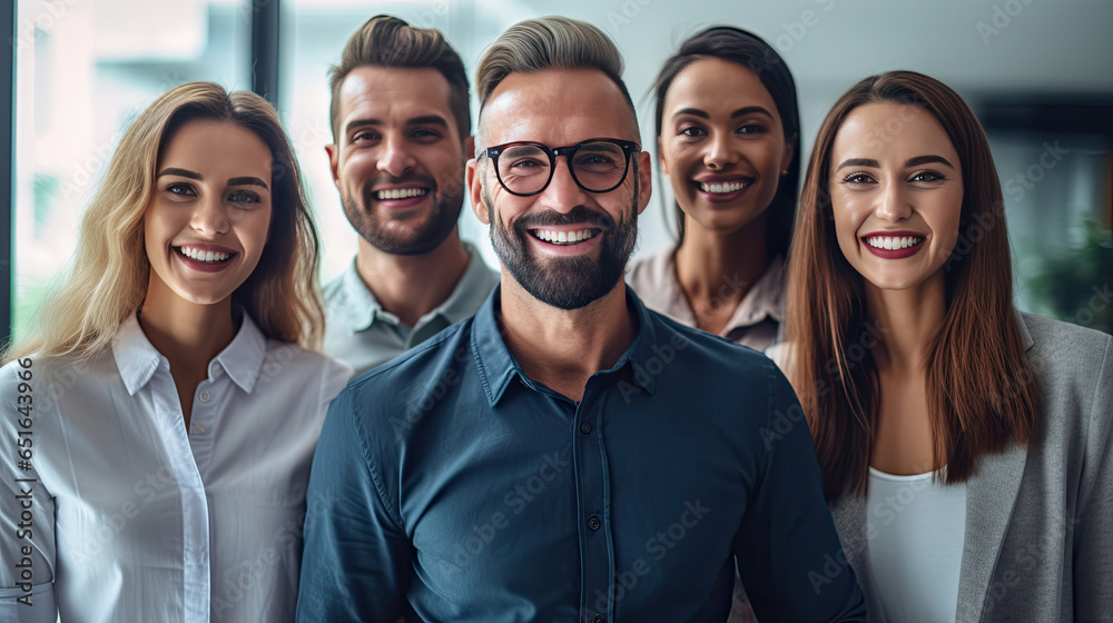 Portrait group of Happy multiracial coworkers standing together at modern office, Teamwork concept. Generative Ai Portrait group of Happy multiracial coworkers standing together at modern office, Teamwork concept. Generative Ai