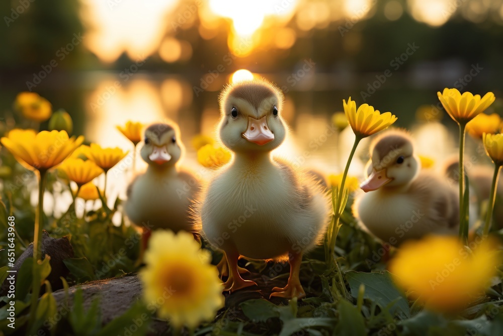 Ducklings adorable fluffy walking in grass, outdoor in springtime. Ai design