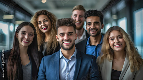Portrait group of Happy diverse young business people standing together in a modern office, Successful creative business team. Generative Ai