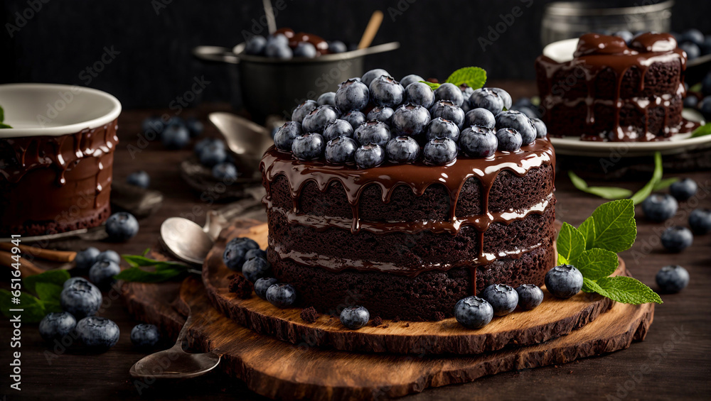 Chocolate cake with blueberries in the kitchen