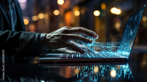 man hands on laptop with futuristic dark background, futuristic concept