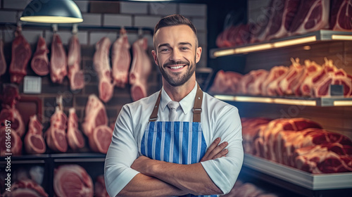 Portrait of A happy young male butcher standing with arms crossed in modern meat shop. Generative Ai