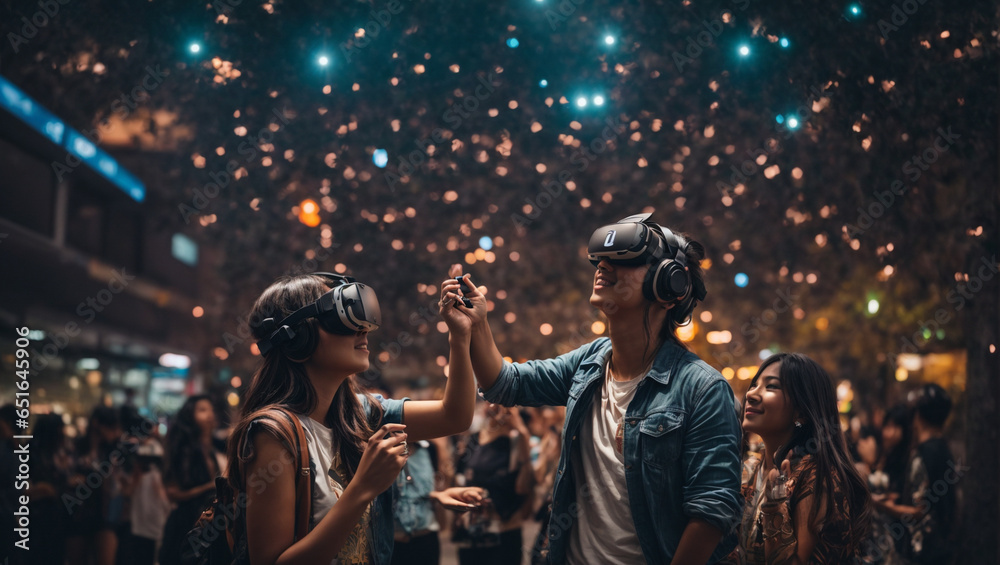 Family members wearing VR headsets and interacting in a virtual social environment, emphasizing the sense of presence and connection.