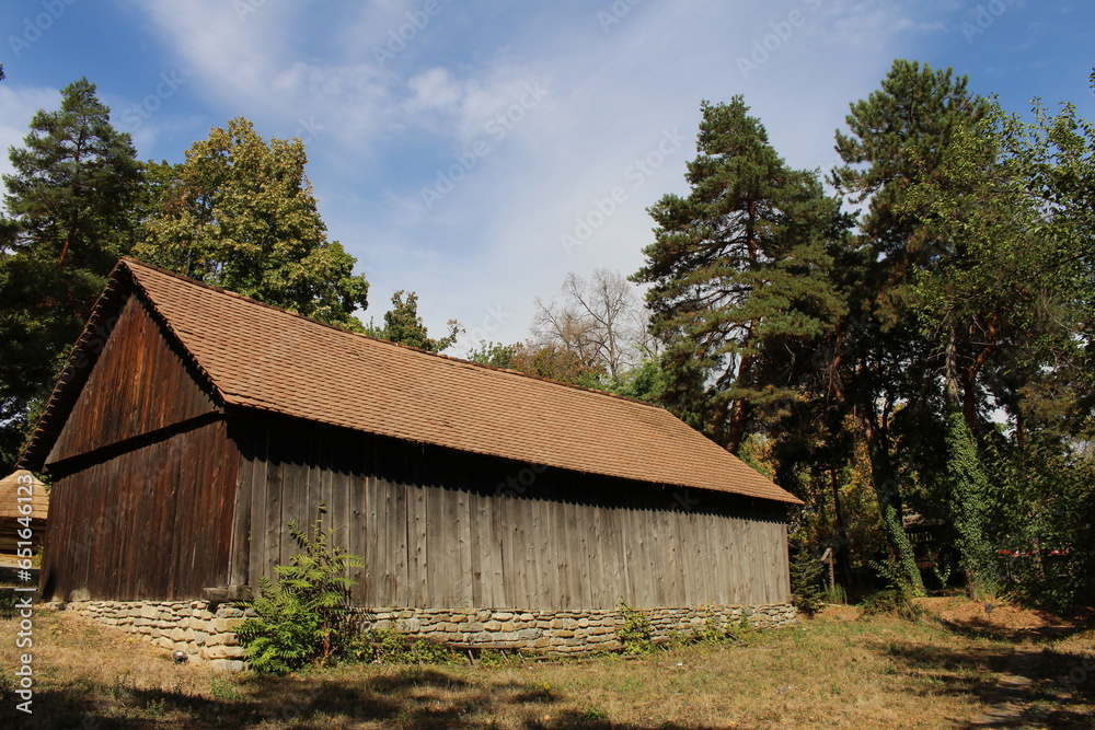 Obraz premium A wooden building with a wood roof