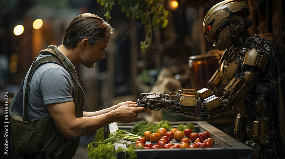 robot selling vegetable to man on wooden cart, vegetable market - obrazy, fototapety, plakaty 