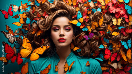 pop art and surrealism, with the woman's hair transformed into a vibrant, swirling collage of colorful butterflies.