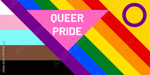 Vector image combining the trans, black, pride and intersex flag with the text 'QUEER PRIDE' on a pink triangle photo