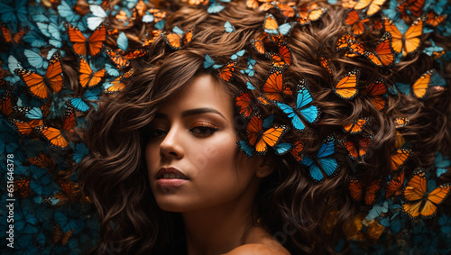 Portrait of a woman with makeup, exuding elegance and grace, with butterflies delicately perched on her hair.