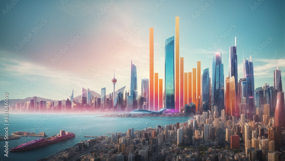 City skyline at sunset, futuristic financial chart with a modern cityscape, symbolizing the role of investments in shaping the urban future. - obrazy, fototapety, plakaty 