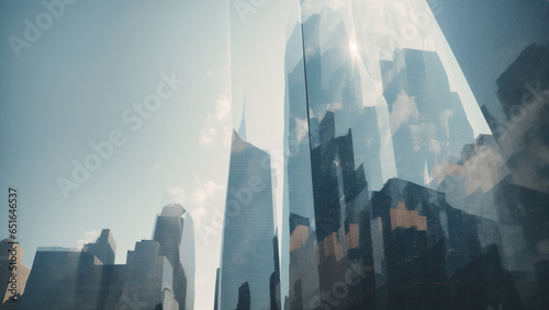 Stunning double exposure image that juxtaposes a rising stock market chart with the towering skyscrapers of a financial district. photo