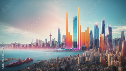City skyline at sunset, futuristic financial chart with a modern cityscape, symbolizing the role of investments in shaping the urban future. photo