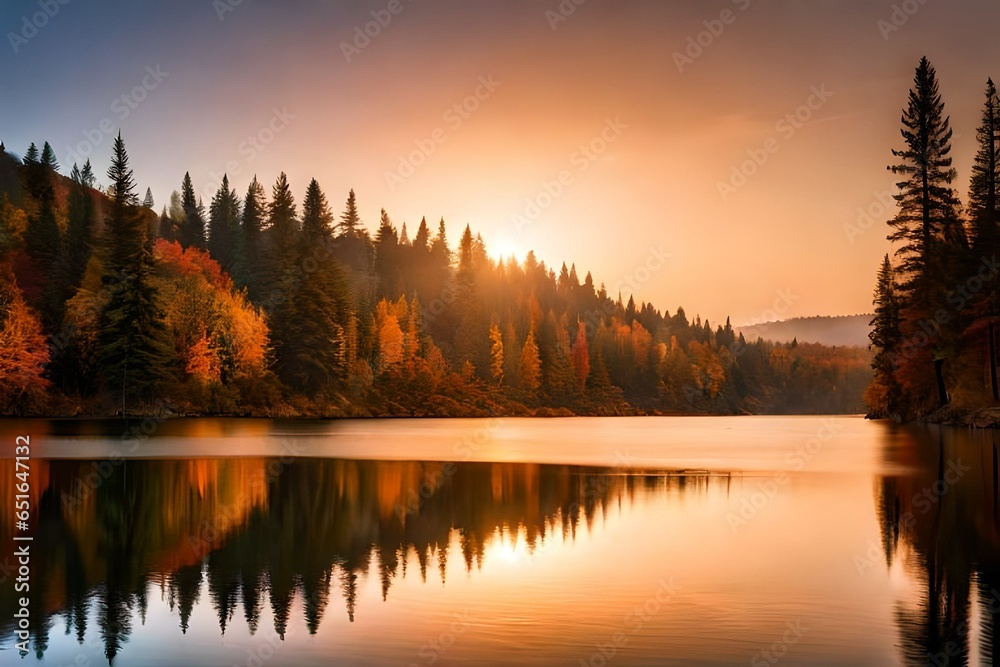 A serene and inviting scene of a tranquil lake surrounded by trees in their autumn splendor.