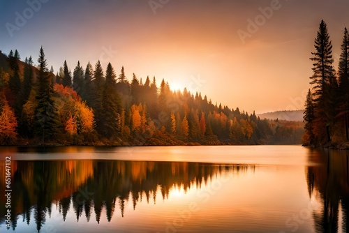 A serene and inviting scene of a tranquil lake surrounded by trees in their autumn splendor. © Nazia