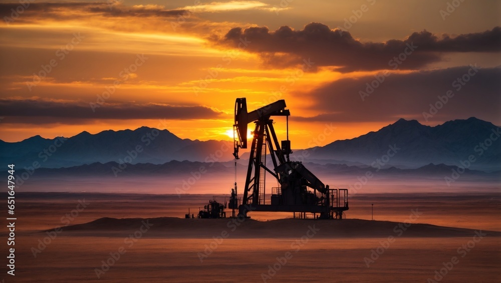 silhouette of an oil pump at sunset in dessert