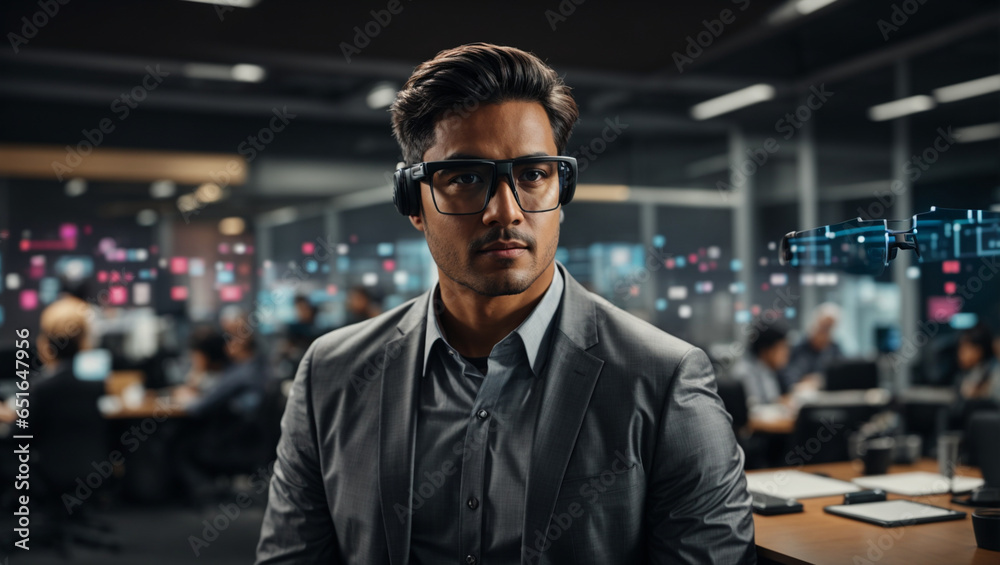 Portrait of a man, professional using augmented reality glasses in an ...