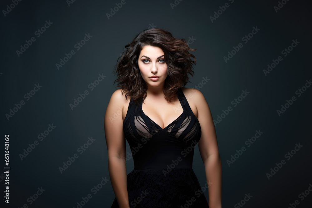 Sexy chubby plus size fashion model with large breasts in black tight dress, fat curvy woman on gray background Sexy chubby plus size fashion model with large breasts in black tight dress, fat curvy woman on gray background