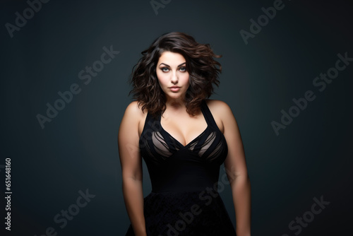 Sexy chubby plus size fashion model with large breasts in black tight dress, fat curvy woman on gray background