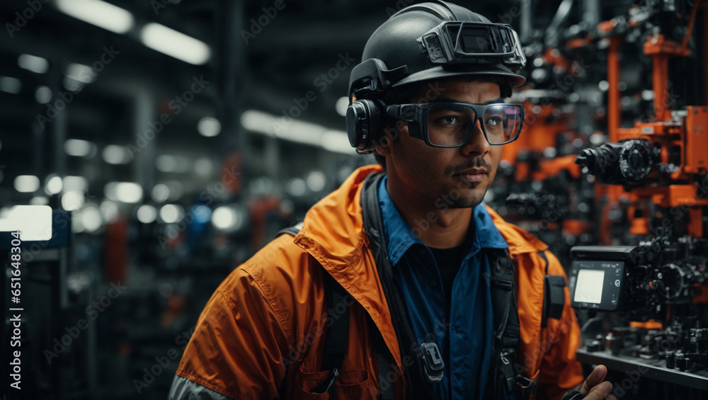 Portrait of a worker using AR glasses for equipment maintenance, with real-time diagnostics, schematics, and safety information displayed, AR Entertainment. Portrait of a worker using AR glasses for equipment maintenance, with real-time diagnostics, schematics, and safety information displayed, AR Entertainment.