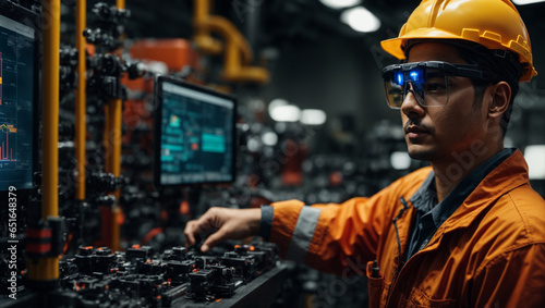 Worker using AR glasses for equipment maintenance, with real-time diagnostics, schematics, and safety information