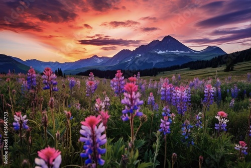 Colorful Wildflower Field at Sunrise Above Crested Butte, Colorado with Clouds and Mountain Peaks in the Early Morning Light photo