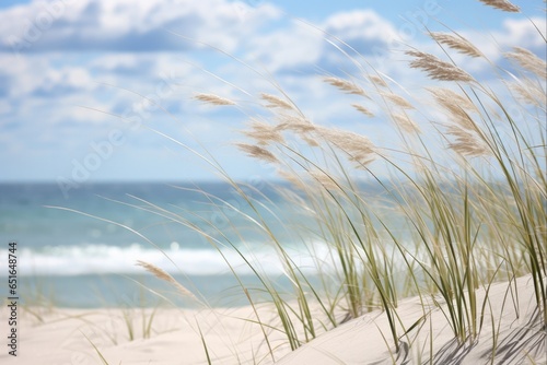 Coastal Bliss: Horizontal View of Beach Grasses and Plants on Sand Dune of Coastline photo