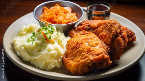 Comfort Food Delight: Fried Chicken and Mashed Potatoes with Coleslaw and Buttermilk Biscuits - A Perfect Unhealthy Meal for Lunch or Dinner
