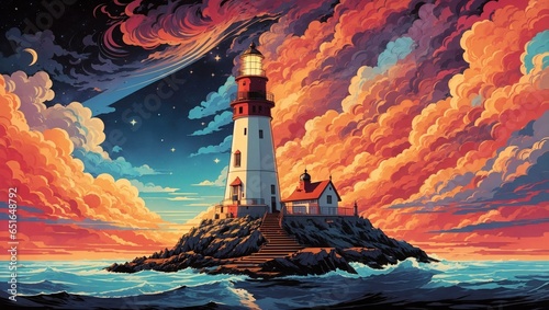 A vibrant illustration of a lighthouse on an island in the middle of nowhere. Lighthouse on a rocky island for design and wallpaper background. Symbolizes guidance and hope