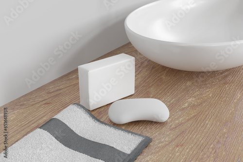Soap and packaging on bathroom table, side view. for mockup design