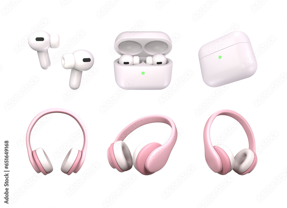 3d icon set of headphones and wireless ear pods on a transparent background. Gadgets - obrazy, fototapety, plakaty 