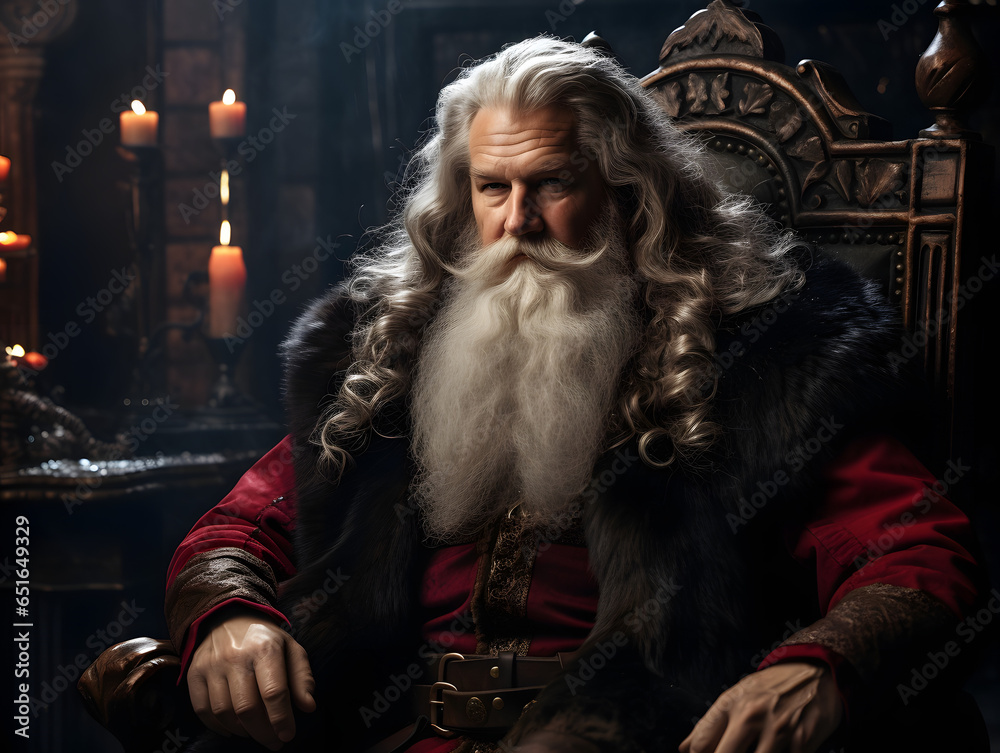Santa Claus with a dark-colored coat and a long flowing beard, embodying a timeless and mysterious allure, dark academia style