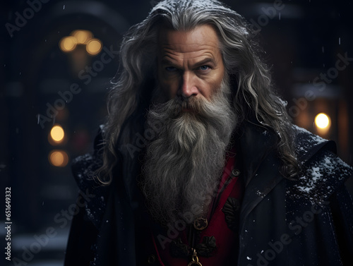 Santa Claus with a dark-colored coat and a long flowing beard, dark academia style
