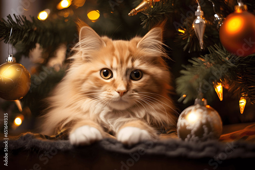 A cute cat sits under the Christmas tree, next to decorations
