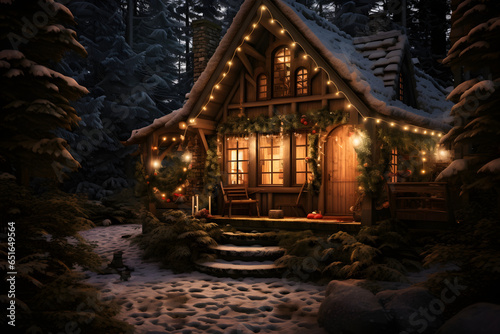 A cozy cabin in a dark forest, decorated with Christmas lights and ornaments