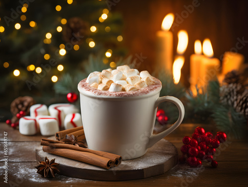 A steaming mug of hot cocoa with whipped cream and cinnamon, adorned with mini marshmallows and a candy cane