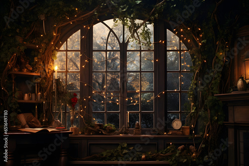 A window decorated with garlands and surrounded by ivy  casting a warm glow into a room filled with dark academia-inspired elements
