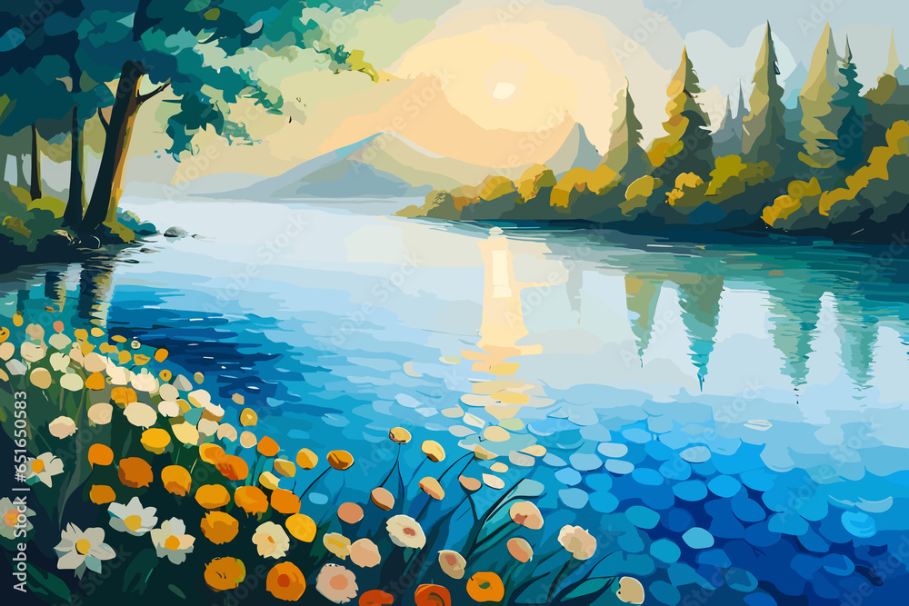 Illustration of a lake in the mountains at sunset, colorful trees, blue nature, generative ai