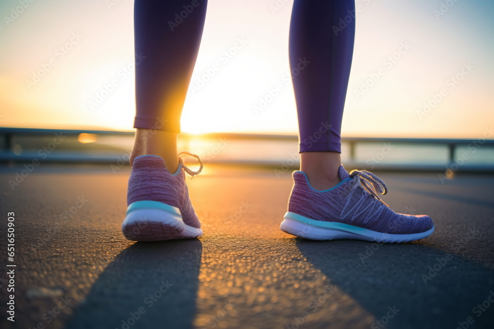 Runner feet running on road closeup on shoe. woman fitness sunrise jog workout welness concept. Runner feet running on road closeup on shoe. woman fitness sunrise jog workout welness concept.